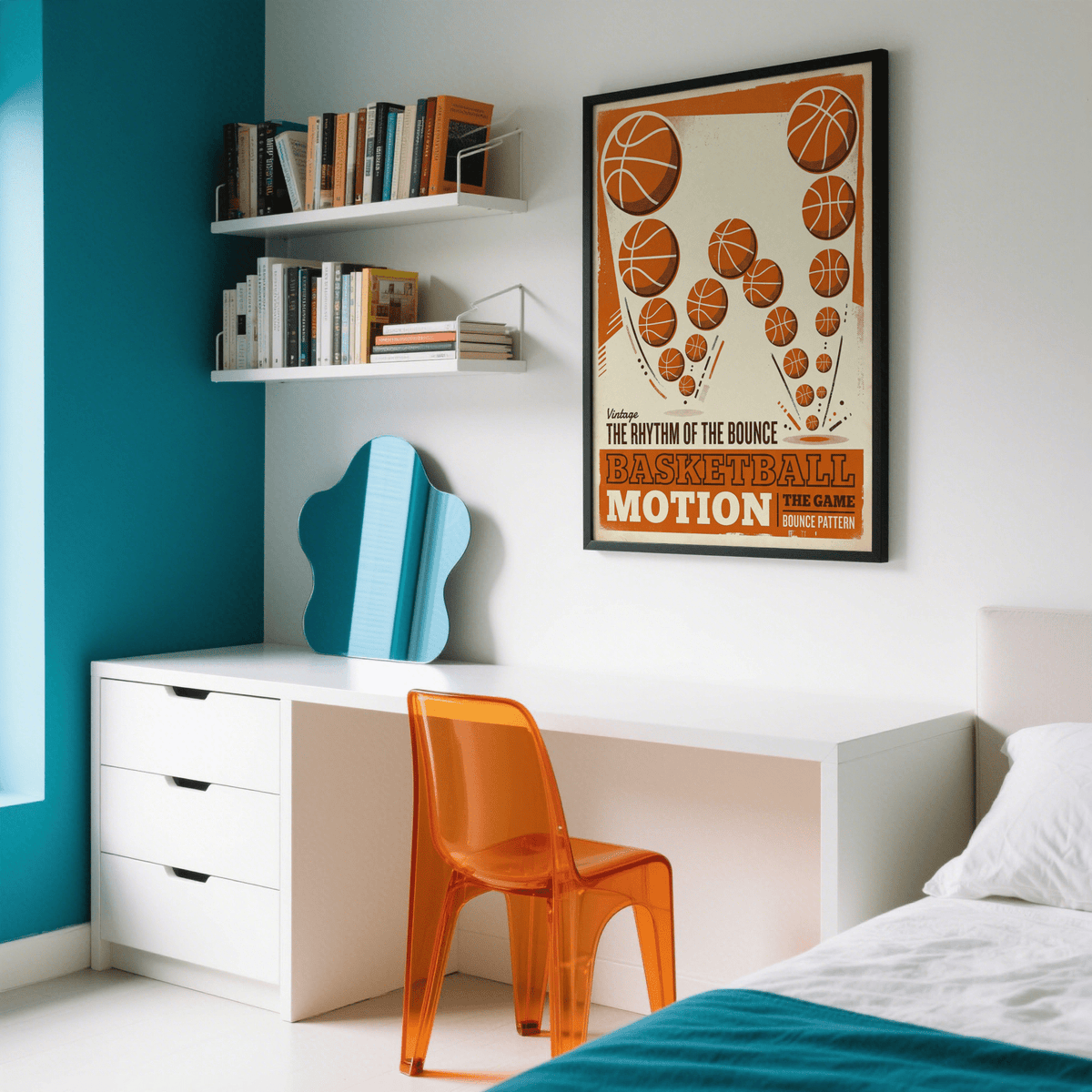 Vintage Basketball Motion Art wall art with rhythmic bounce pattern and bold headline text