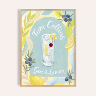 Painterly Tom Collins Art Print cocktail poster with highball glass, lemon slice, and cherry