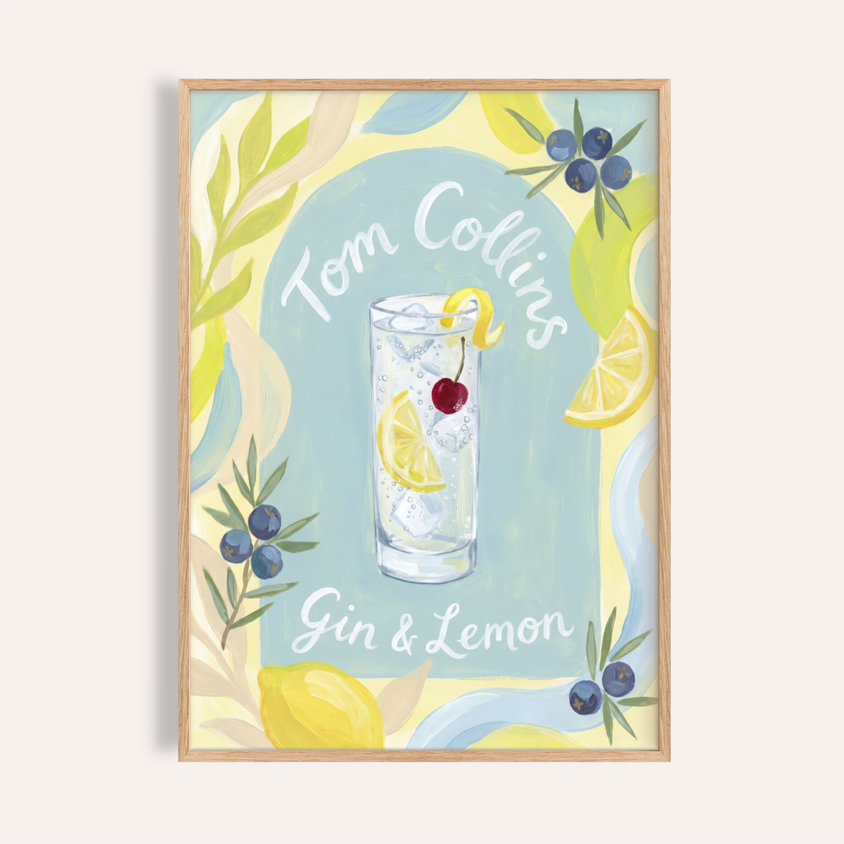 Painterly Tom Collins Art Print cocktail poster with highball glass, lemon slice, and cherry