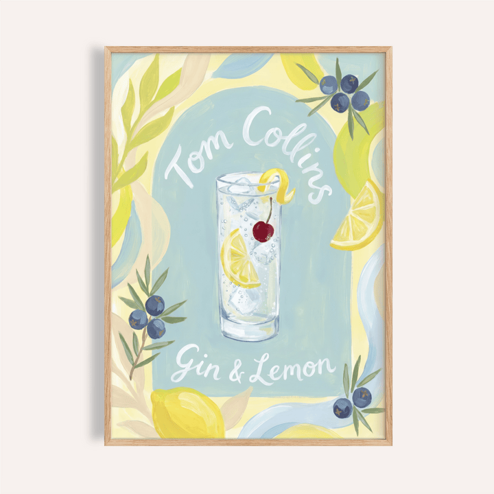 Painterly Tom Collins Art Print cocktail poster with highball glass, lemon slice, and cherry