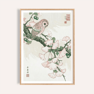 Perched owl wall art print on flowering branch illustration