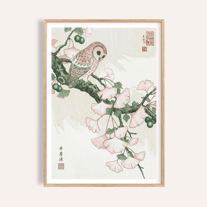 Perched owl wall art print on flowering branch illustration