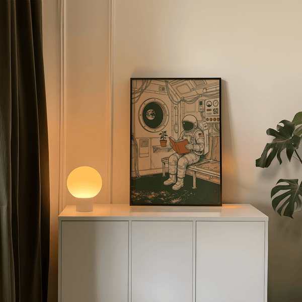 Reading Astronaut Poster with orange book and green accents, office wall art print