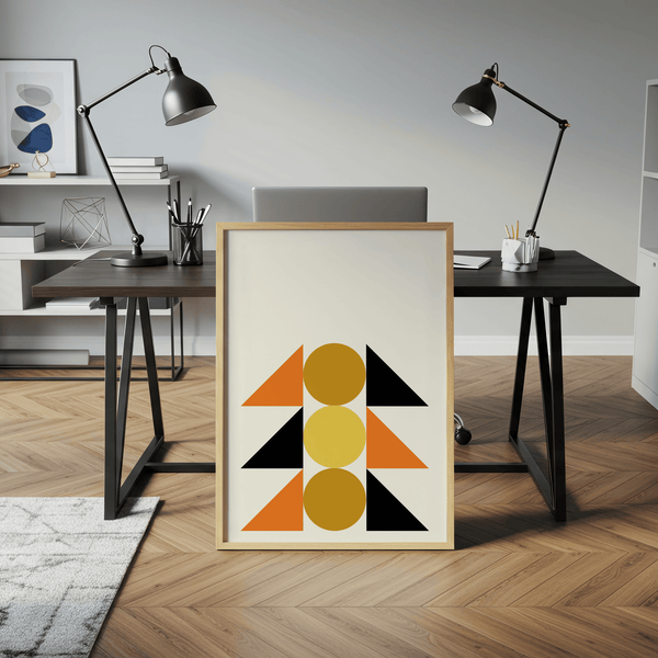 Minimalist Geometric Block Art poster in Black Gold Orange for workspace