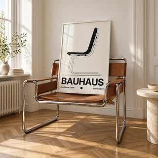 Chair Poster, framed on the wall of a bright white room with tall white walls and warm herringbone oak parquet in soft morning light in a living room