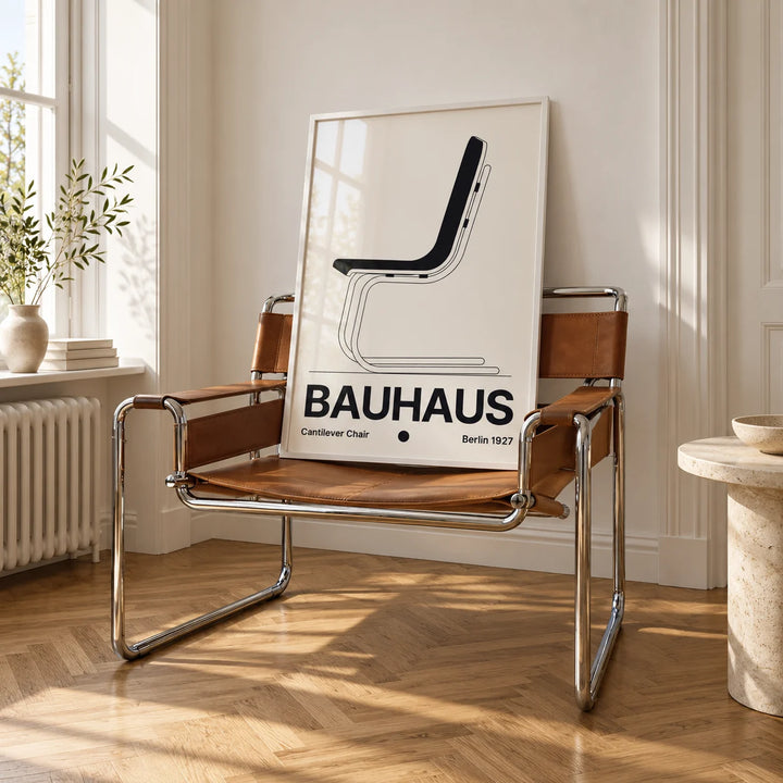 Chair Poster, framed on the wall of a bright white room with tall white walls and warm herringbone oak parquet in soft morning light in a living room