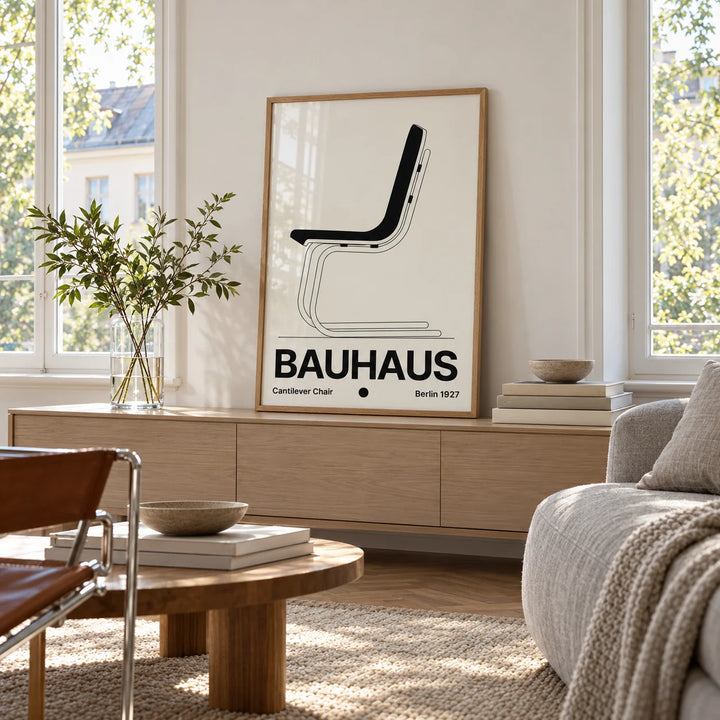 Chair Poster, framed on the wall of a light living room with big windows