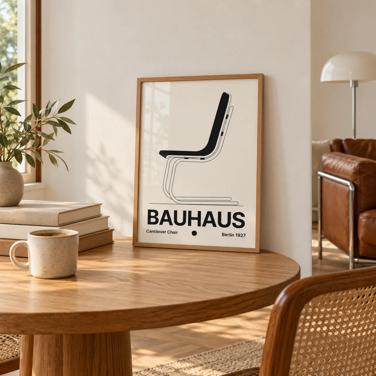 Chair Poster, a small A4 framed print leaning on a round oak table