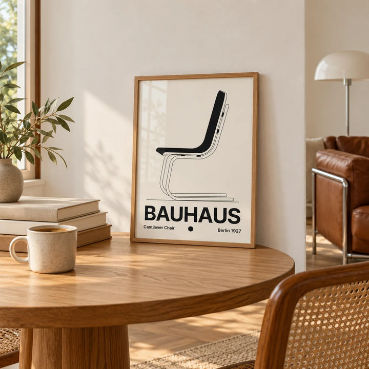 Chair Poster, a small A4 framed print leaning on a round oak table