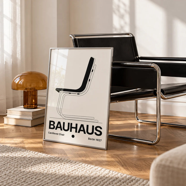 Chair Poster, framed on the wall of a white room corner with soft daylight and herringbone oak parquet in a living room