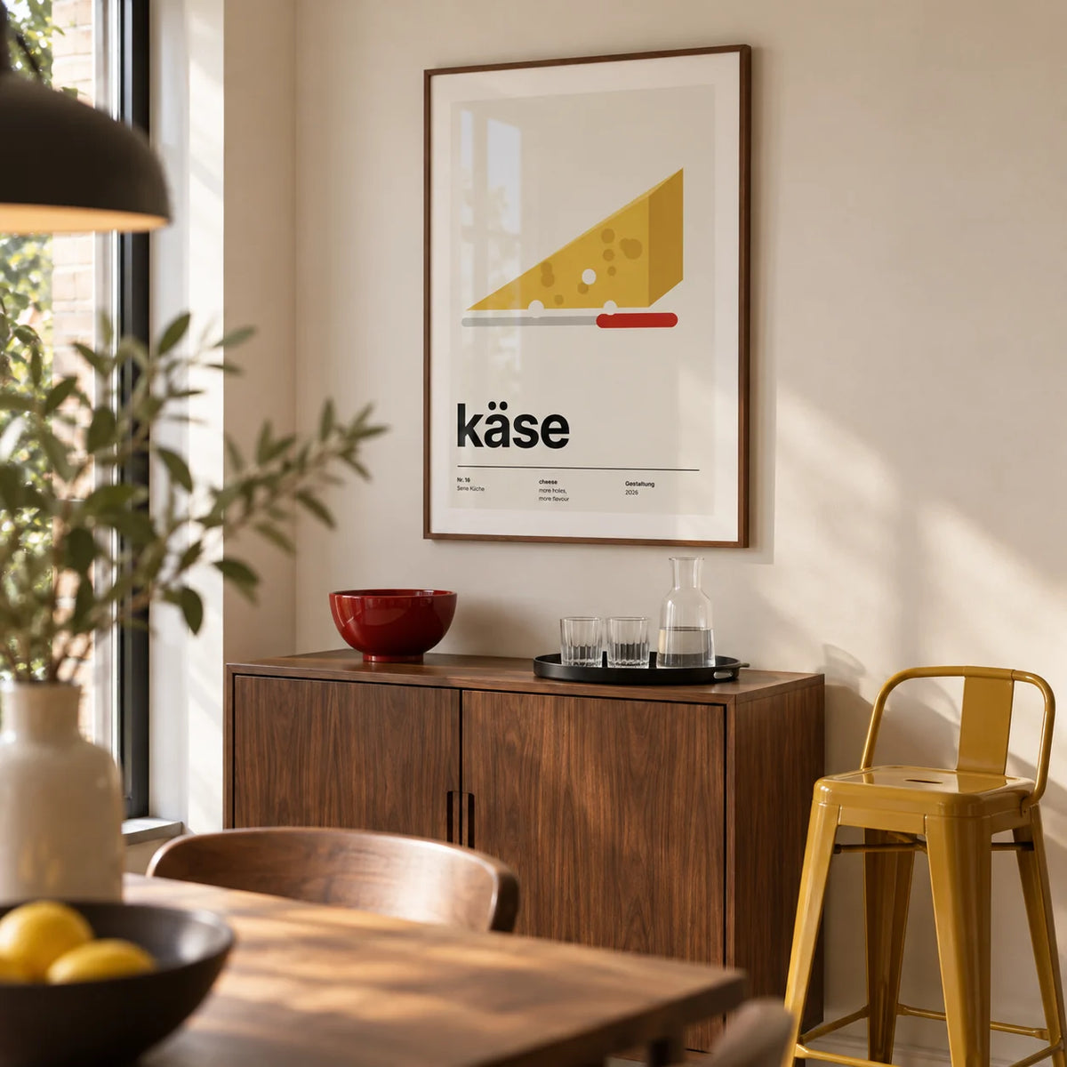 Cheese Poster, framed on the wall of a compact home bar corner within an open-plan UK dining room