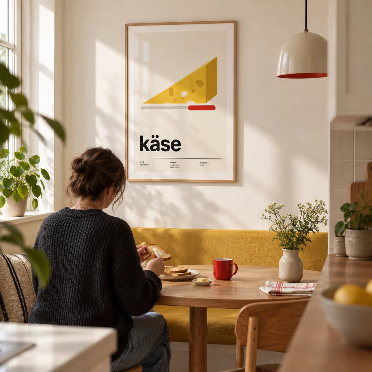 Cheese Poster, framed on the wall of a compact kitchen breakfast nook in a modern UK flat with a warm white wall and a built-in bench upholstered in plain golden yellow fabric
