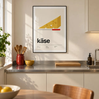Cheese Poster, framed on the wall of a crisp modern kitchen in a UK first flat (22-28)