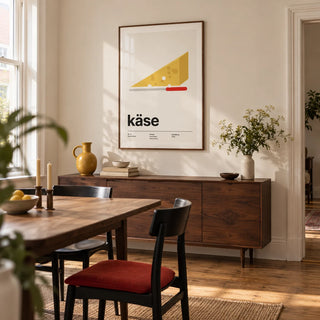 Cheese Poster, framed on the wall of a design-led dining room in a Victorian terrace with cream walls and oak floorboards