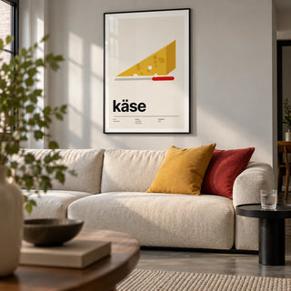 Cheese Poster, framed on the wall of a modern living room in a design-conscious UK flat with a pale grey wall