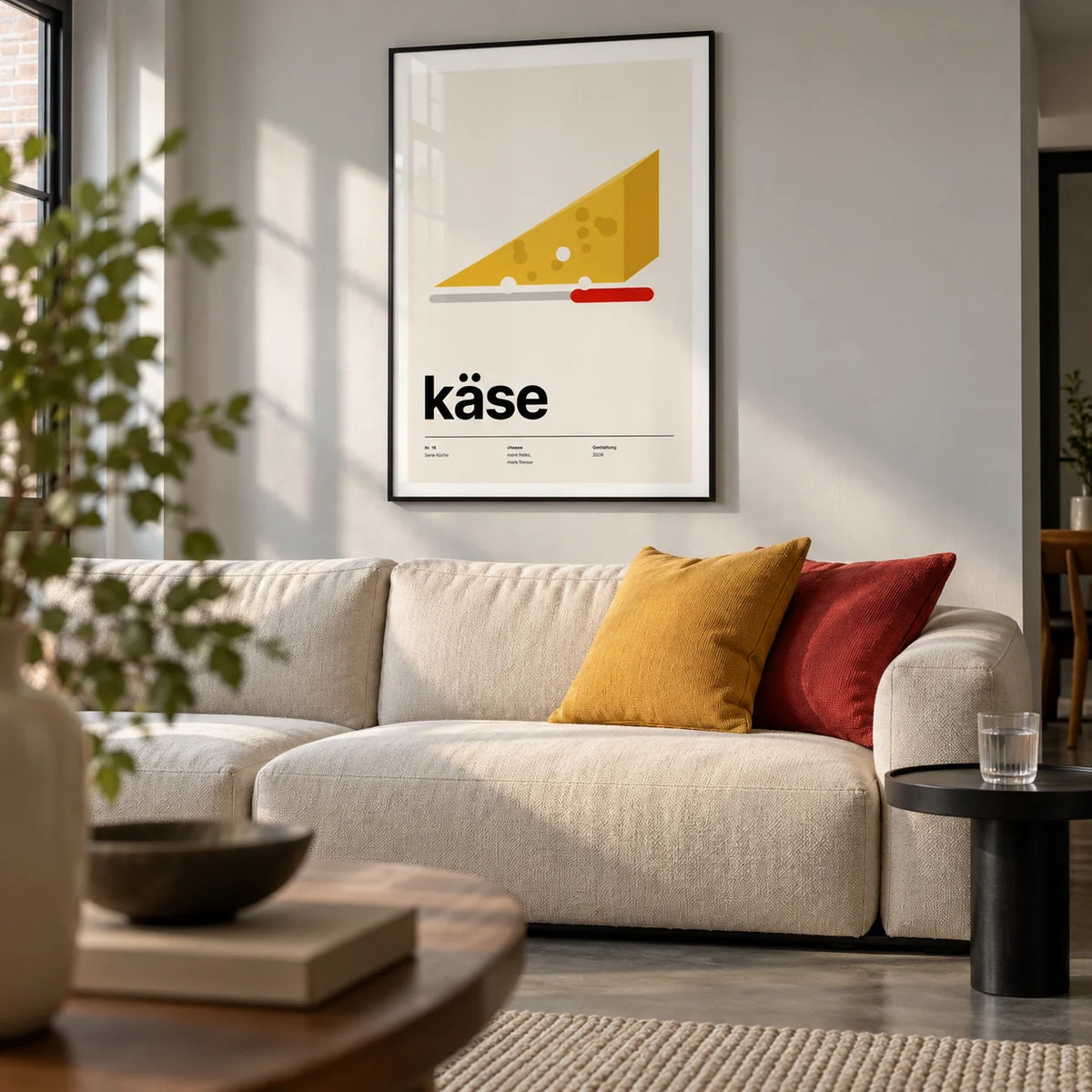 Cheese Poster, framed on the wall of a modern living room in a design-conscious UK flat with a pale grey wall