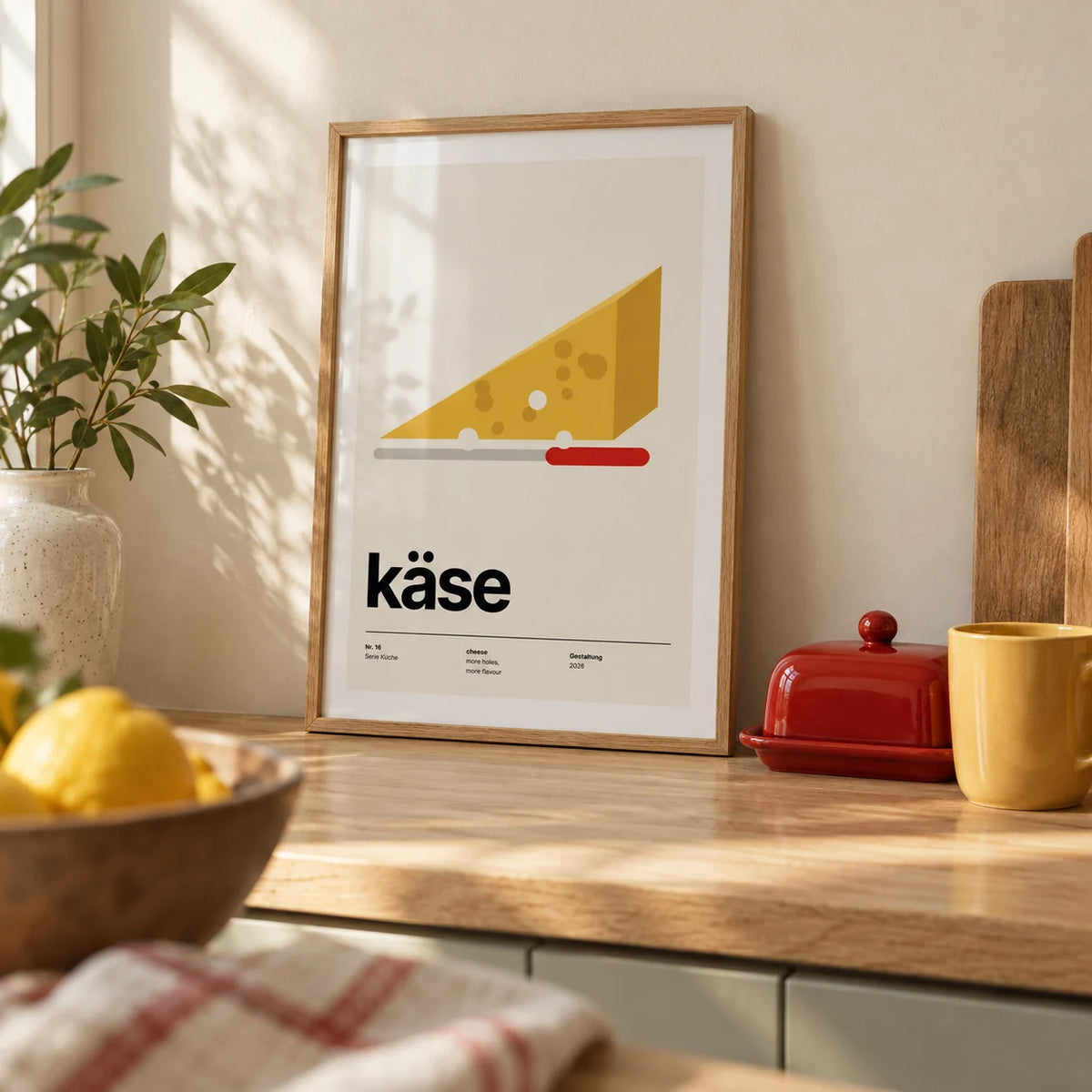 Cheese Poster, a small A4 framed print leaning on a pale oak kitchen worktop