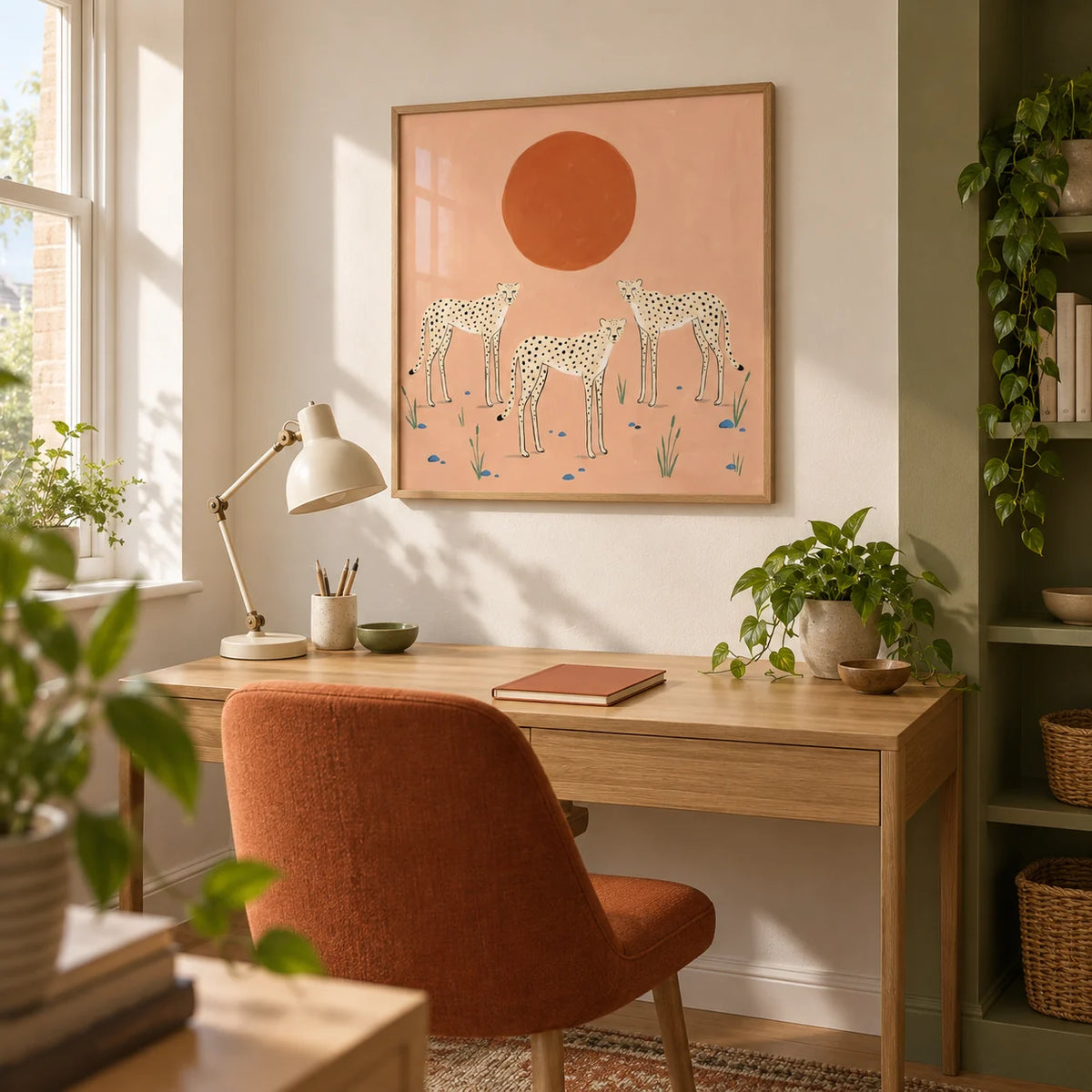 Cheetah Art Print, framed on the wall of a bright home study in a contemporary UK maisonette with a warm white wall and an olive-green painted alcove