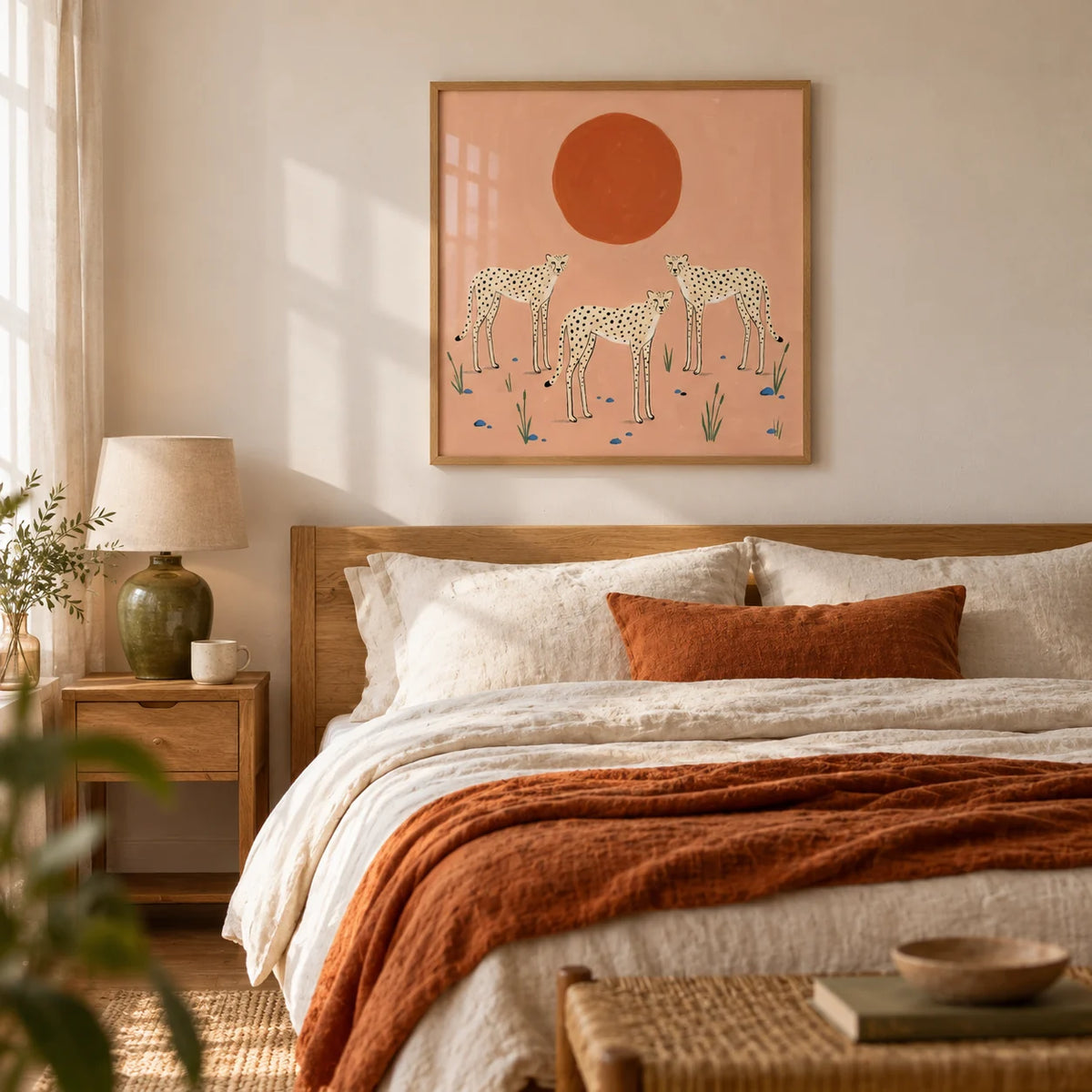 Cheetah Art Print, framed on the wall of a calm adult bedroom in a terraced house with a warm white wall