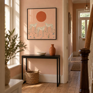 Cheetah Art Print, framed on the wall of a welcoming narrow hallway in a Victorian terrace with pale peach walls and simple oak floorboards
