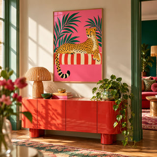 Cheetah Siesta Poster, framed on the wall of a colourful hallway