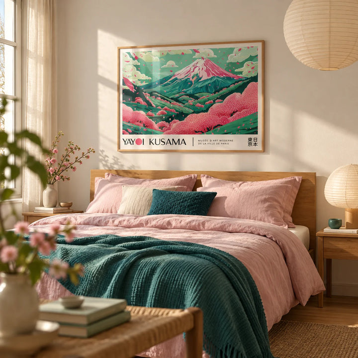 Cherry Blossom Art, framed on the wall of a calm bedroom with a warm white wall
