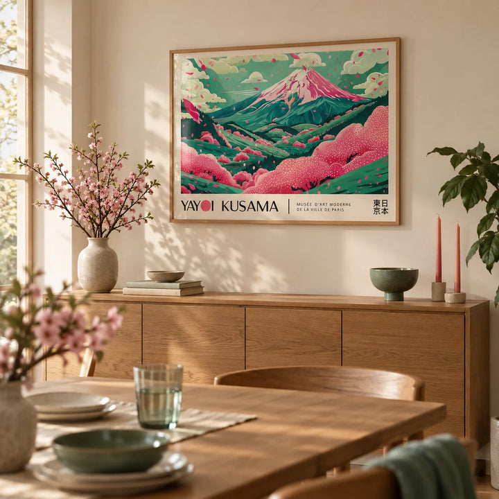 Cherry Blossom Art, framed on the wall of a calm dining room with a warm cream wall