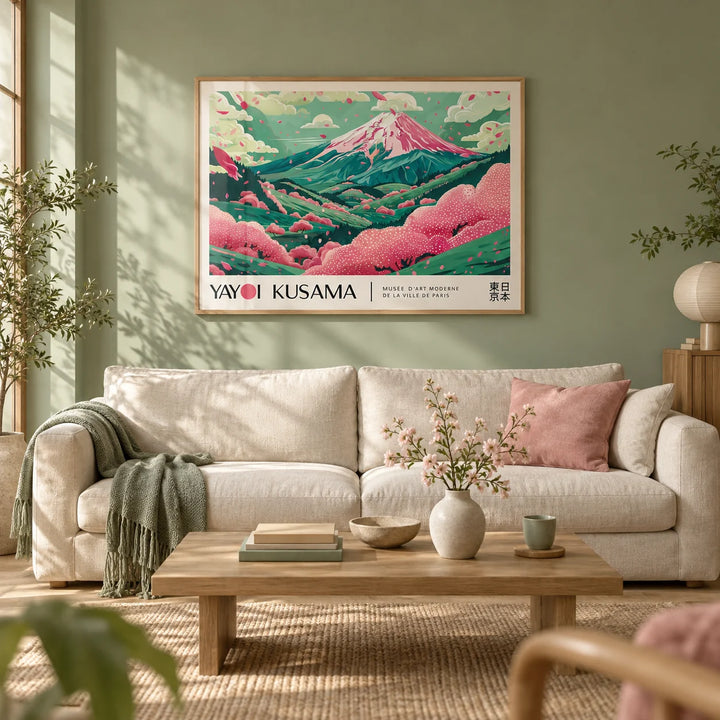 Cherry Blossom Art, framed on the wall of a calm Japandi living room with a soft sage green wall and a pale oak floor