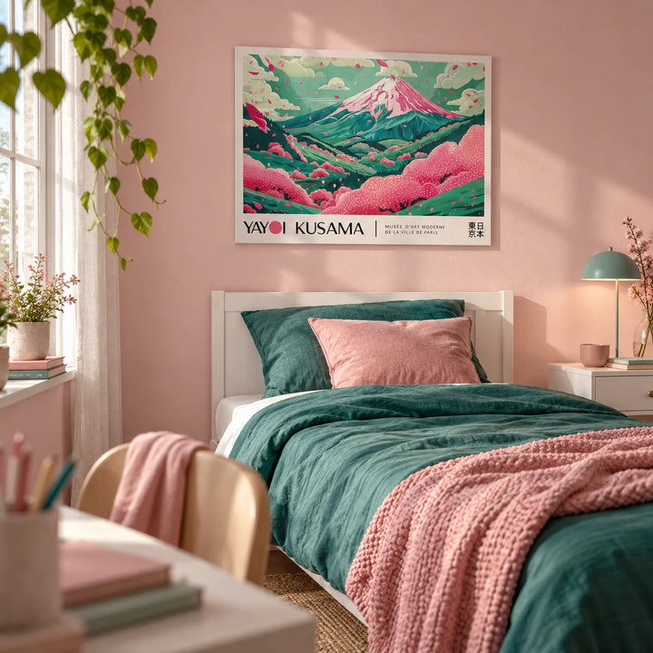 Cherry Blossom Art, framed on the wall of a pretty single bedroom for a teen girl (13-17) with a soft pink wall