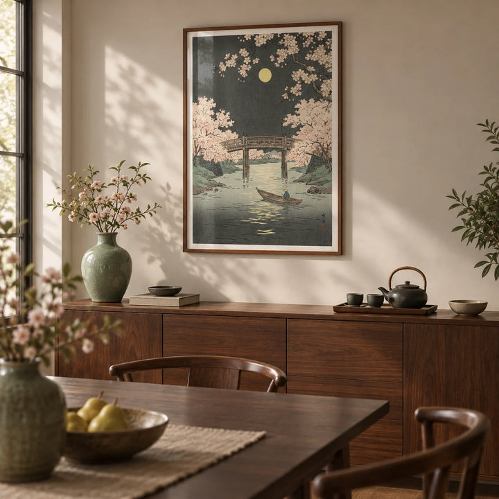 Cherry Blossom Art Print, framed on the wall of a calm dining room