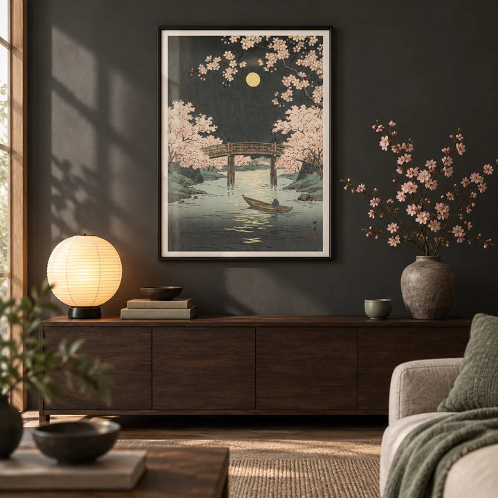 Cherry Blossom Art Print, framed on the wall of a calm Japandi living room with a charcoal painted wall