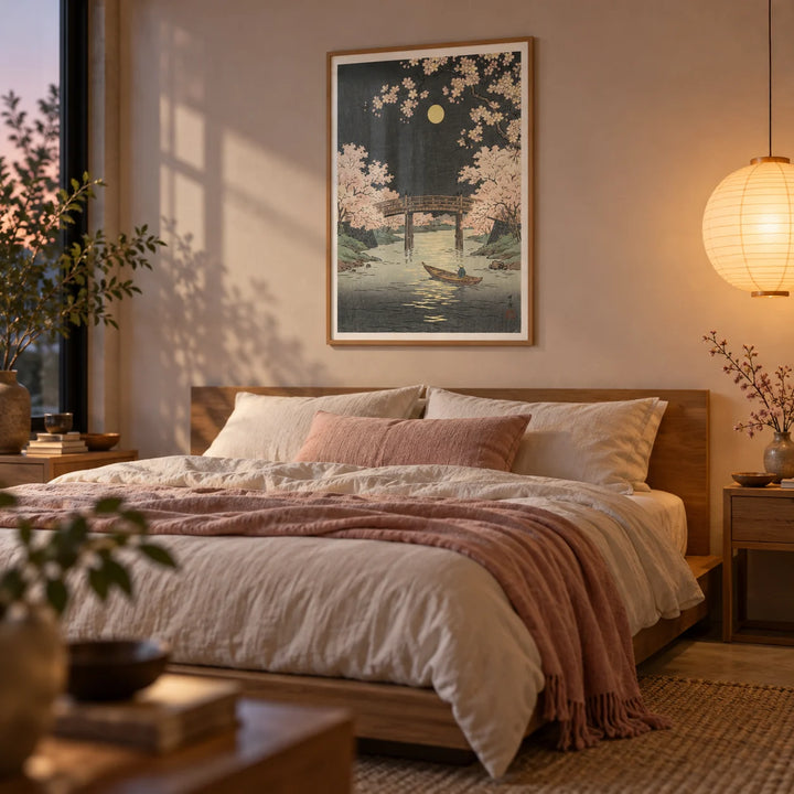 Cherry Blossom Art Print, framed on the wall of a calm Japanese-modern bedroom at dusk