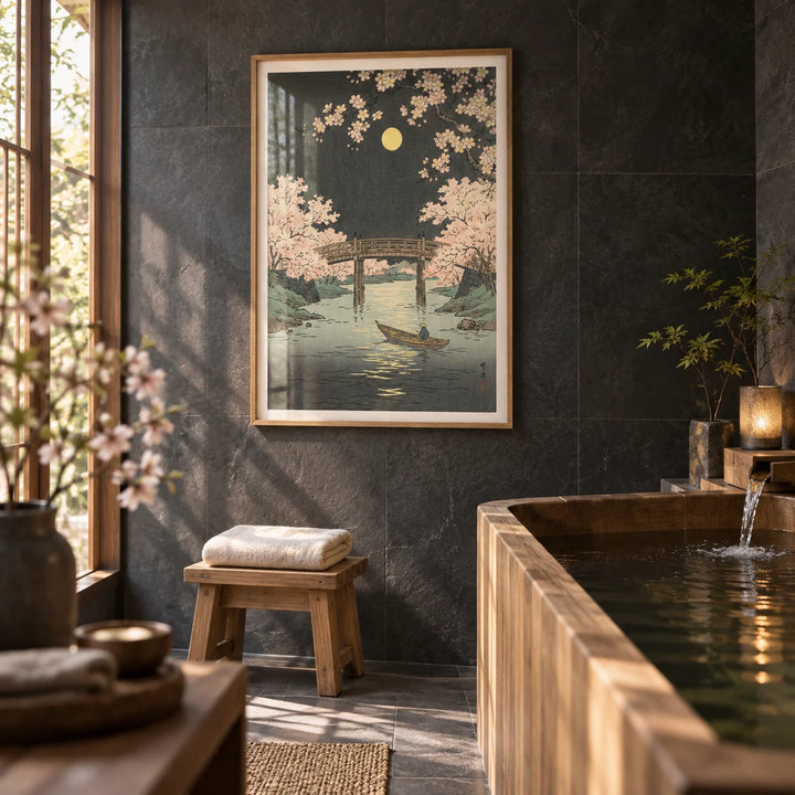 Cherry Blossom Art Print, framed on the wall of a Japanese onsen-style bathroom with dark slate walls
