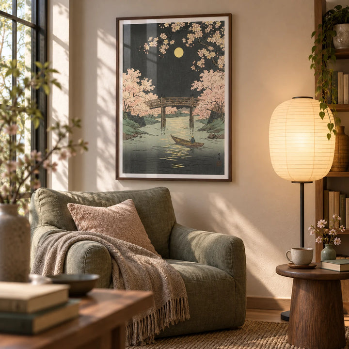 Cherry Blossom Art Print, framed on the wall of a quiet reading corner in a living room