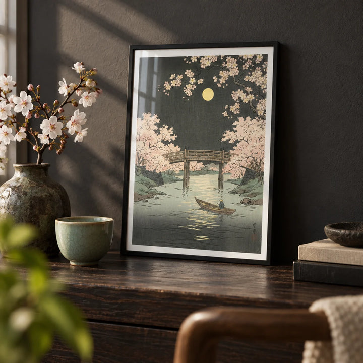 Cherry Blossom Art Print, a small A4 framed print leaning on a dark wood shelf in a living room