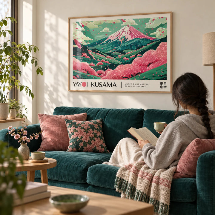 Cherry Blossom Art, framed on the wall of a quiet living room with a cream wall