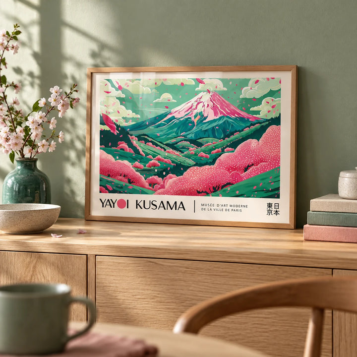 Cherry Blossom Art, a small A4 framed print leaning on a pale oak sideboard in a living room