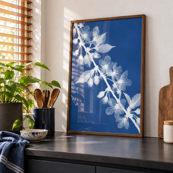 Cherry Blossom Cyanotype Print styled on a kitchen counter (frame not included)