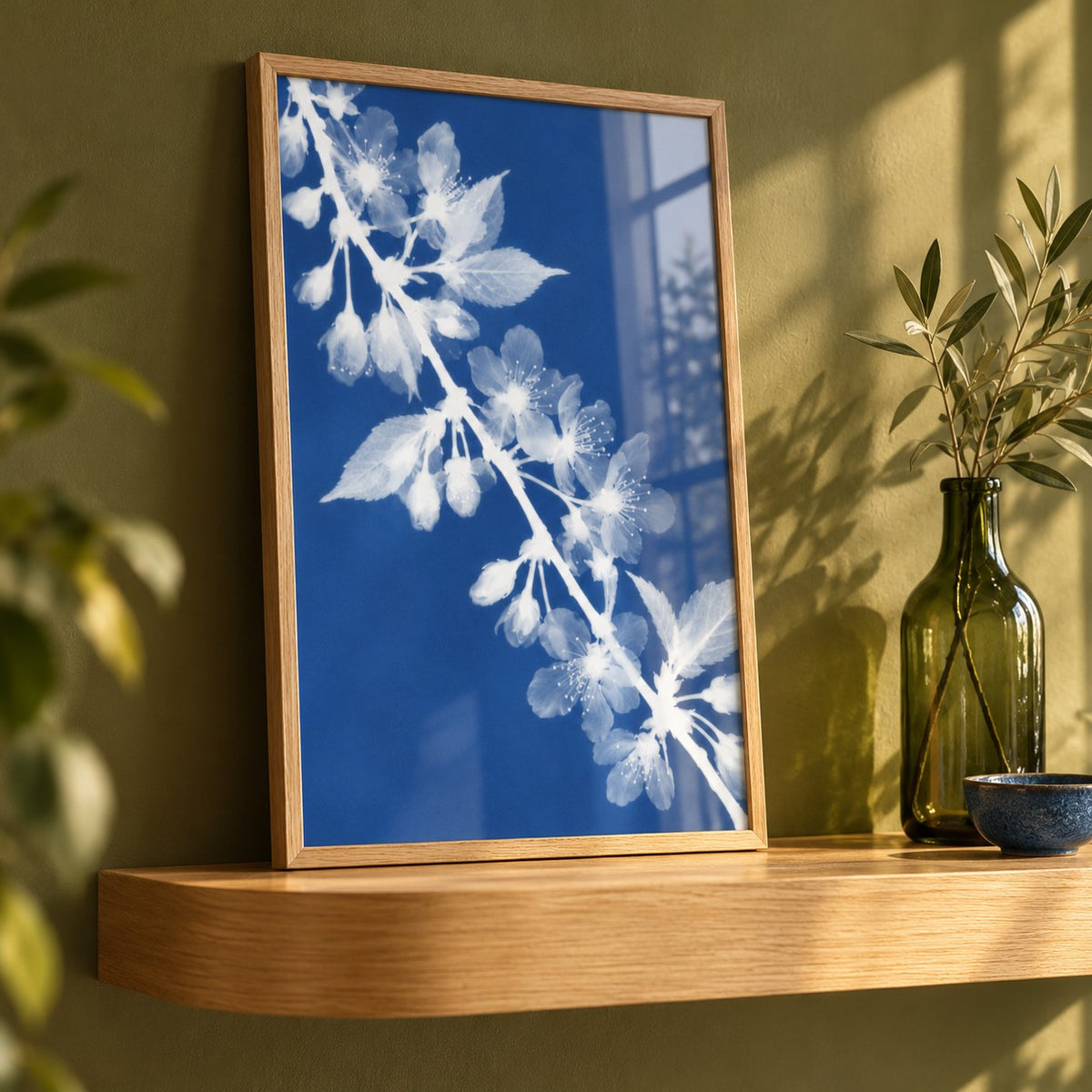 Cherry Blossom Cyanotype Print styled on a shelf against a green wall (frame not included)