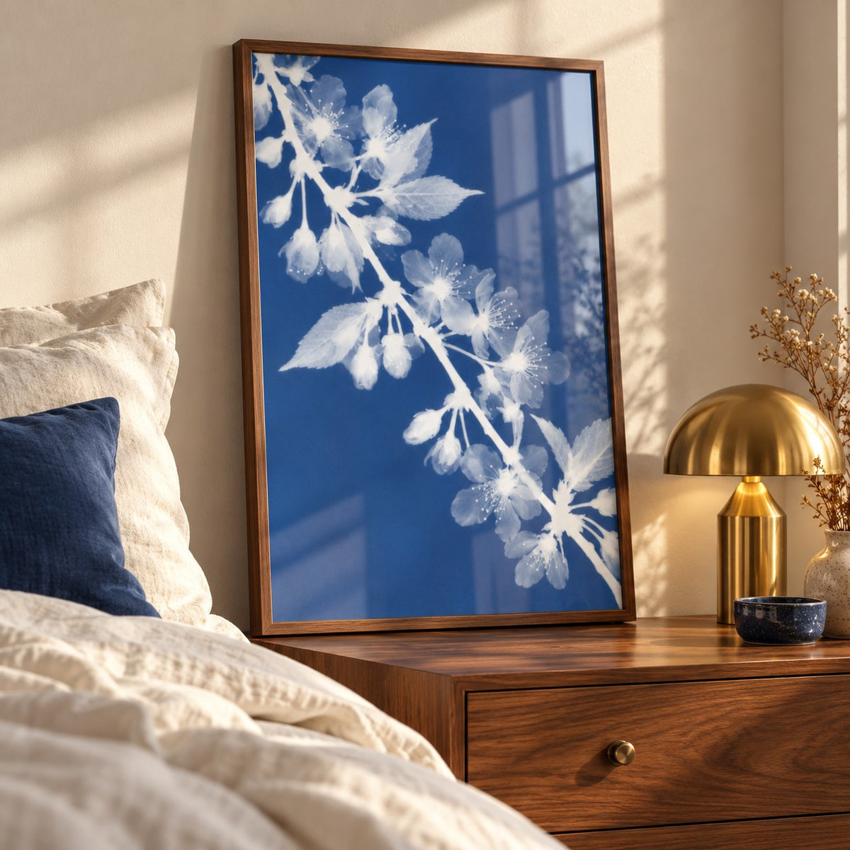 Cherry Blossom Cyanotype Print styled on a bedside table (frame not included)
