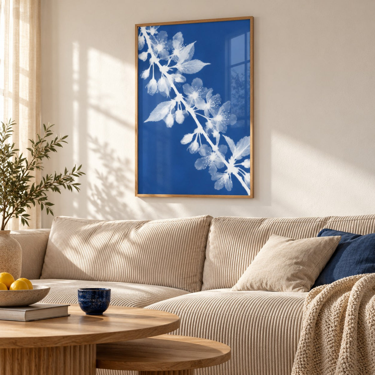 Cherry Blossom Cyanotype Print styled above a living room sofa (frame not included)