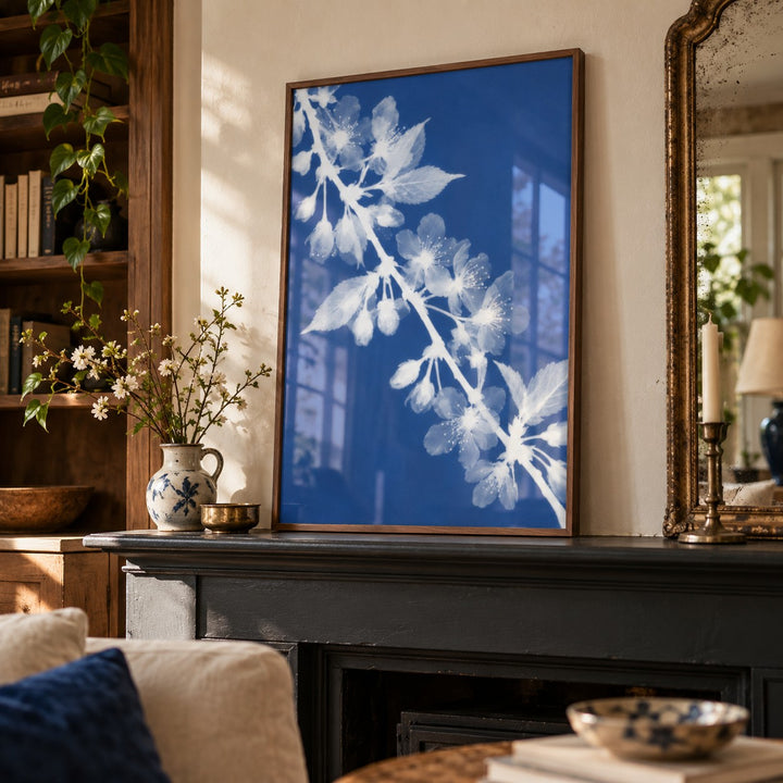 Cherry Blossom Cyanotype Print styled on a mantelpiece (frame not included)