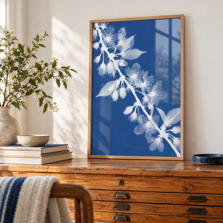 Cherry Blossom Cyanotype Print styled on a wooden chest of drawers (frame not included)