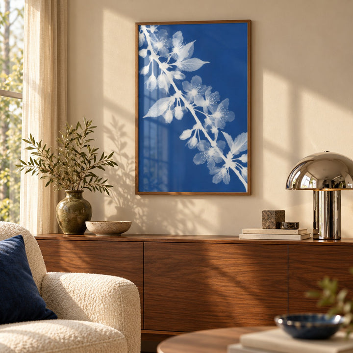 Cherry Blossom Cyanotype Print styled above a sideboard (frame not included)