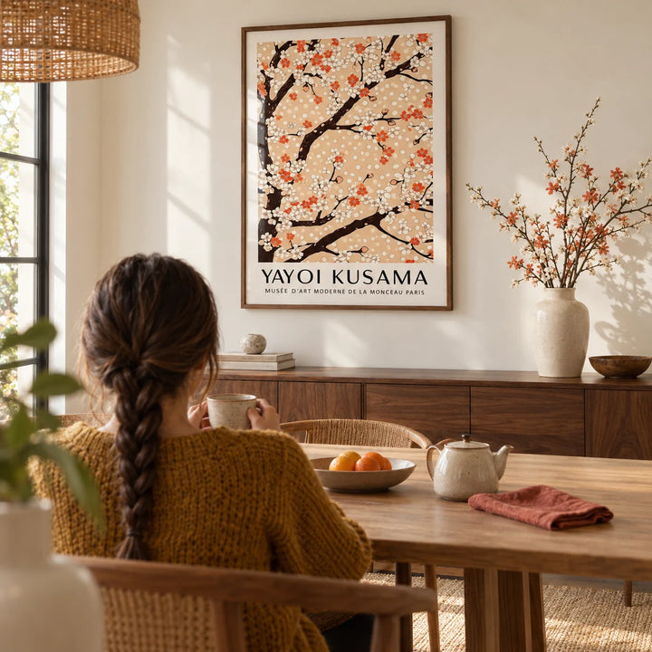 Cherry Blossom Tree Art, framed on the wall of a calm dining room with a cream wall
