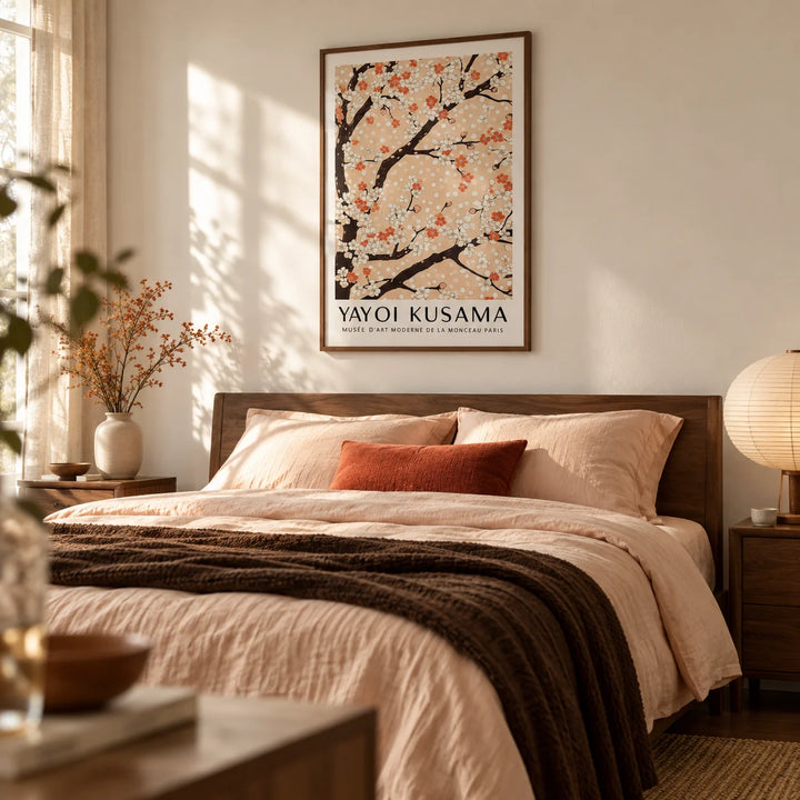Cherry Blossom Tree Art, framed on the wall of a calm grown-up bedroom with a warm white wall