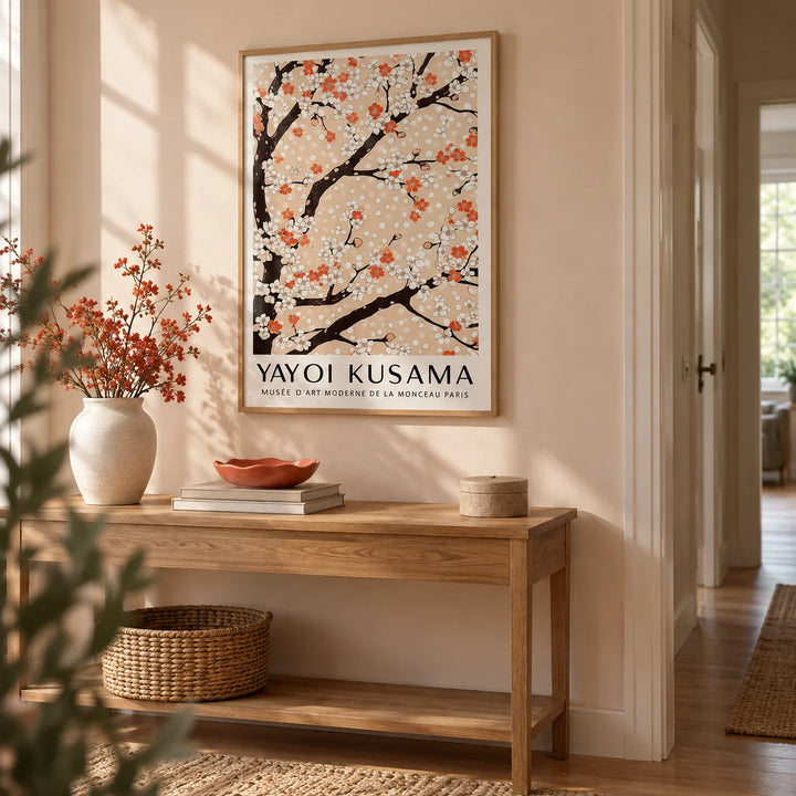 Cherry Blossom Tree Art, framed on the wall of a calm hallway with a pale peach wall