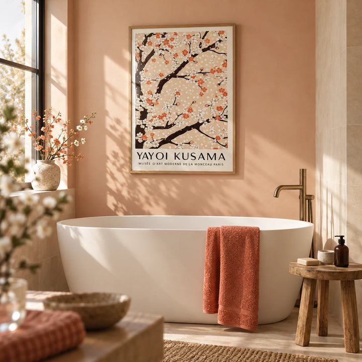 Cherry Blossom Tree Art, framed on the wall of a calm spa bathroom with plain cream tiles and a soft peach wall