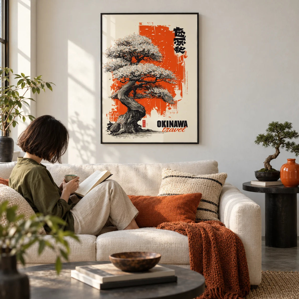Cherry Blossom Tree Poster, framed on the wall of a crisp city-flat living room with white walls and a concrete floor