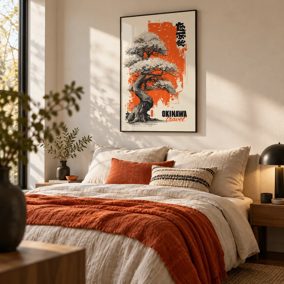Cherry Blossom Tree Poster, framed on the wall of a modern bedroom